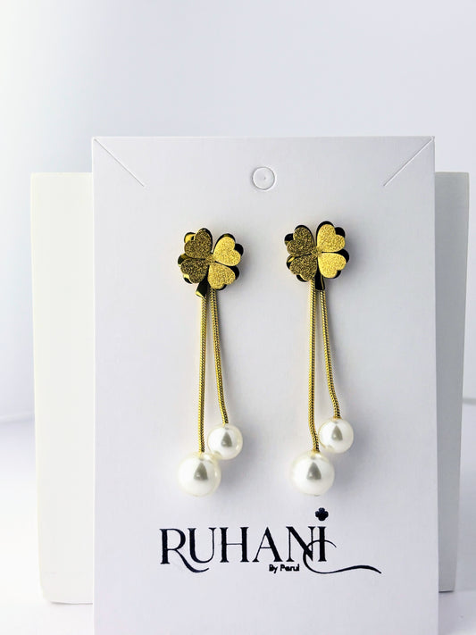 Golden Clover Pearl Drop Earrings