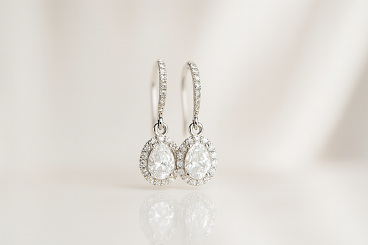 Silver Halo – Moissanite Drop Earrings