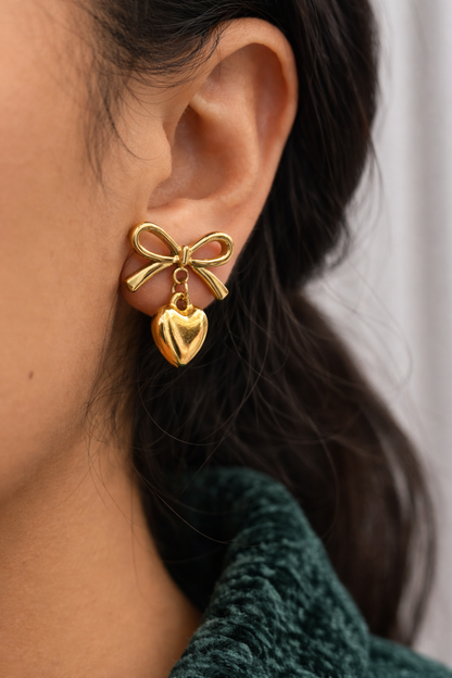 Golden Bow Heart Earrings