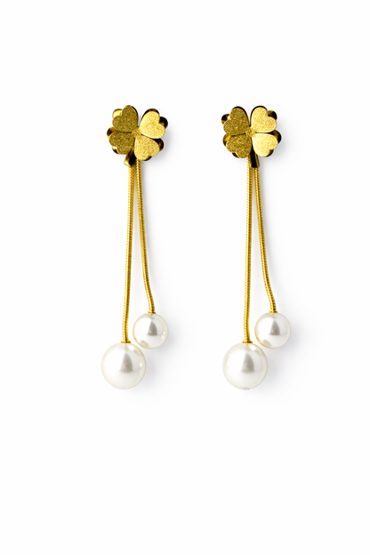 Golden Clover Pearl Drop Earrings