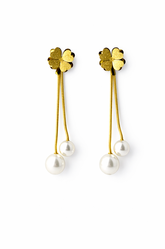 Golden Clover Pearl Drop Earrings