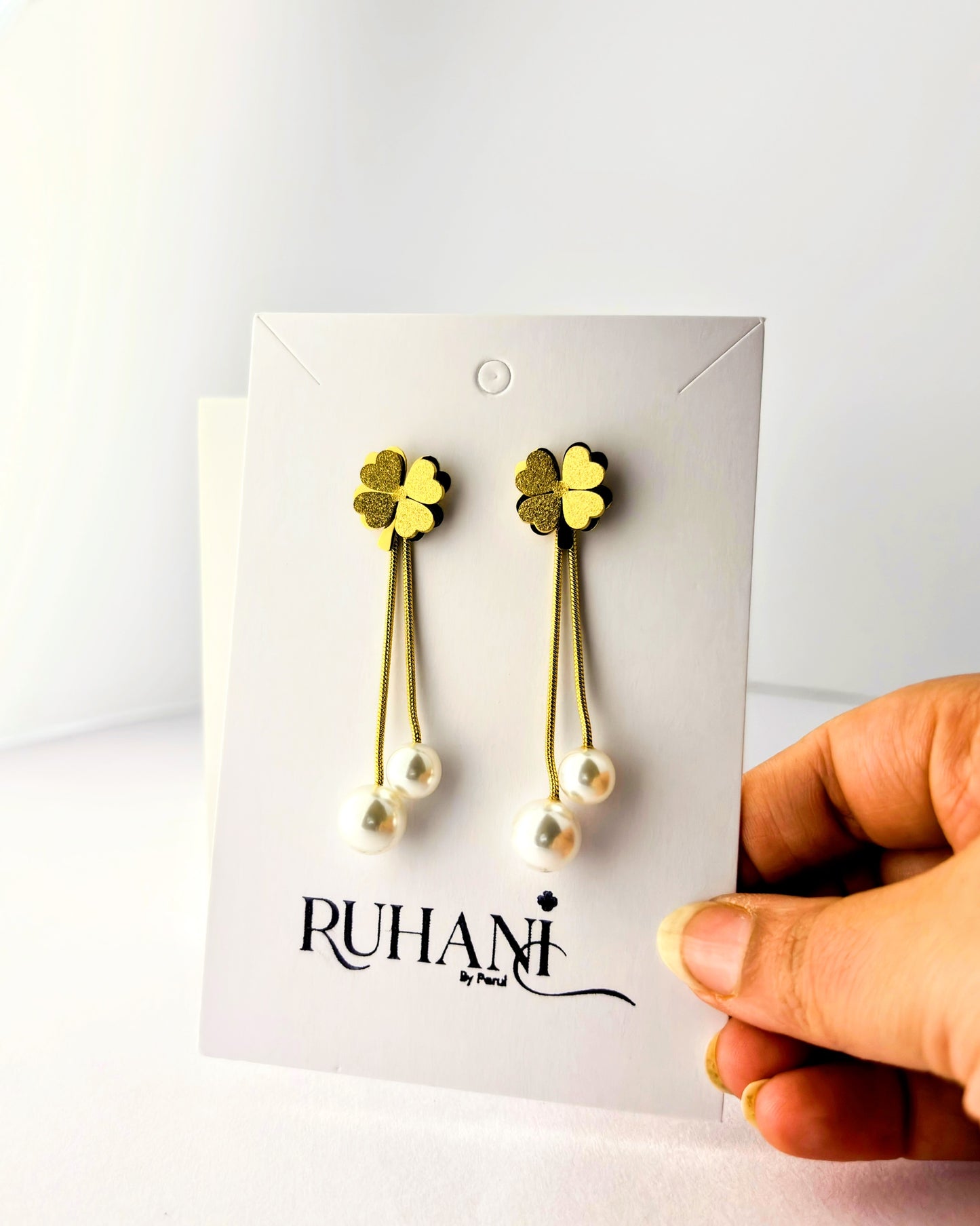 Golden Clover Pearl Drop Earrings