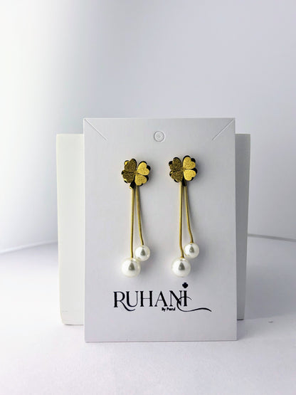 Golden Clover Pearl Drop Earrings