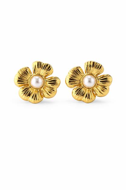 Golden Pearl Blossom Stud Earrings