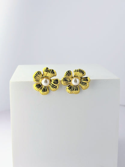 Golden Pearl Blossom Stud Earrings