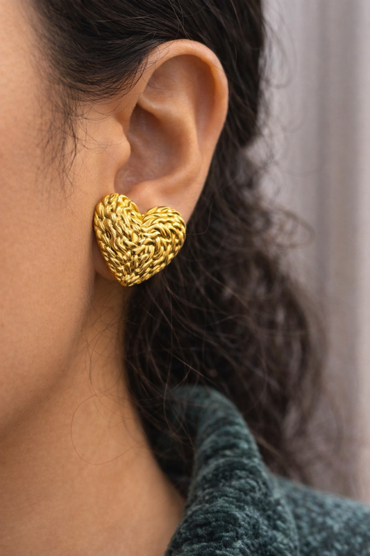 Golden Textured Heart Stud Earrings