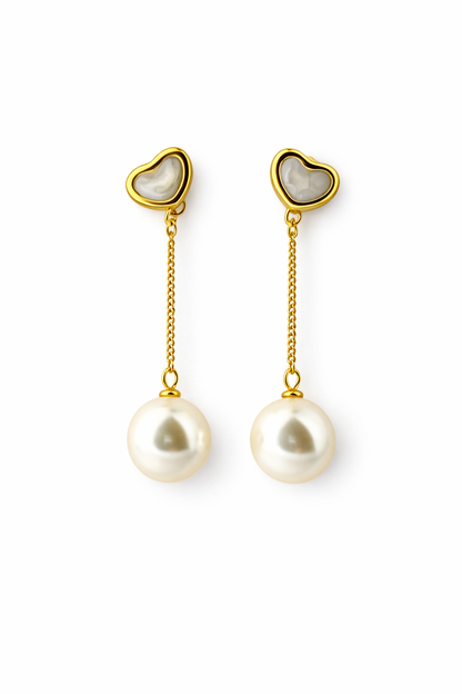 Golden Heart Pearl Drop Earrings