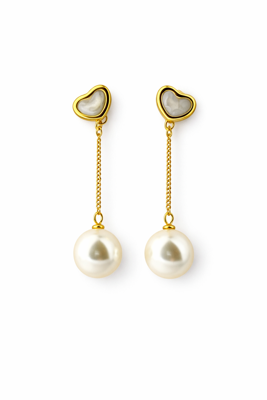 Golden Heart Pearl Drop Earrings