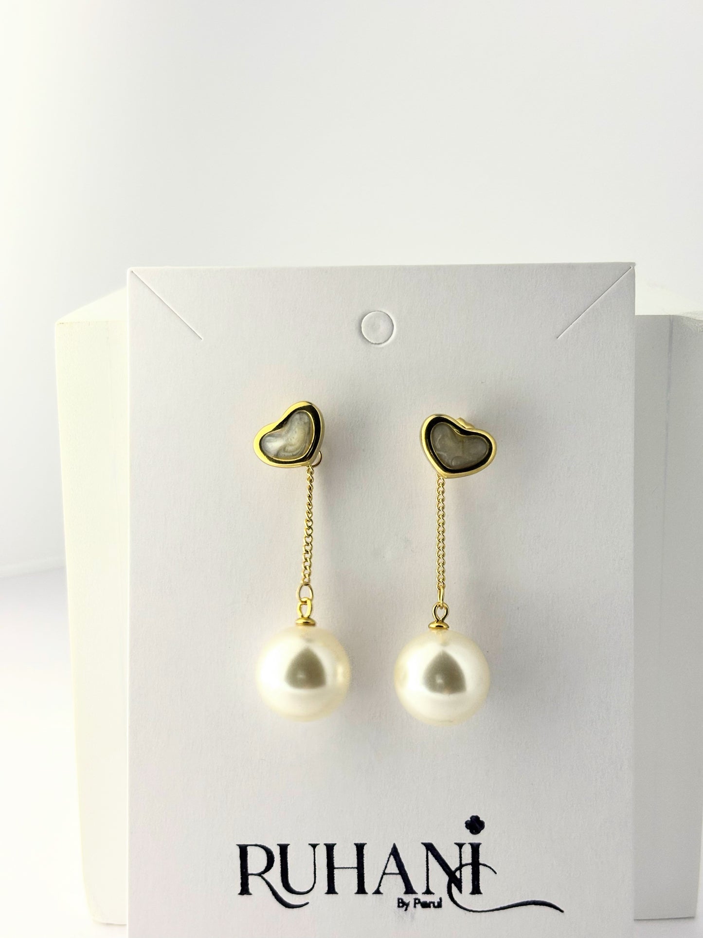 Golden Heart Pearl Drop Earrings