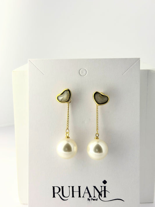 Golden Heart Pearl Drop Earrings