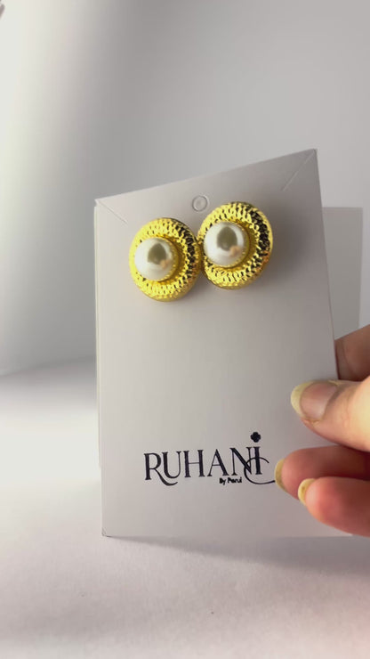 Golden Pearl Halo Stud Earrings