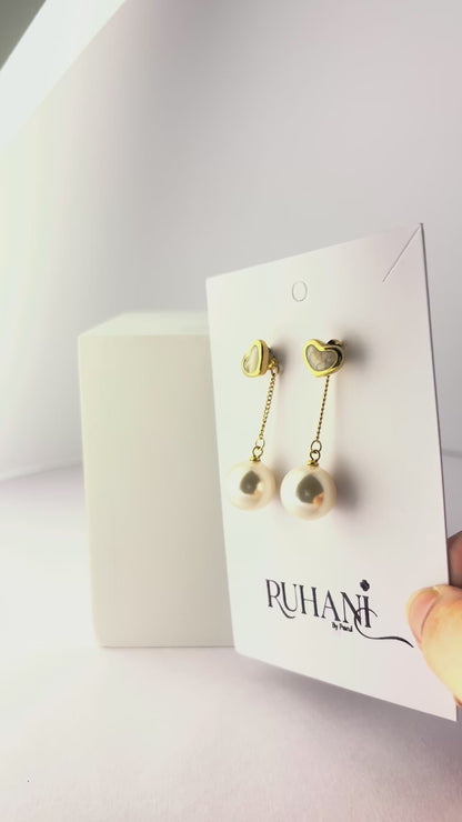 Golden Heart Pearl Drop Earrings