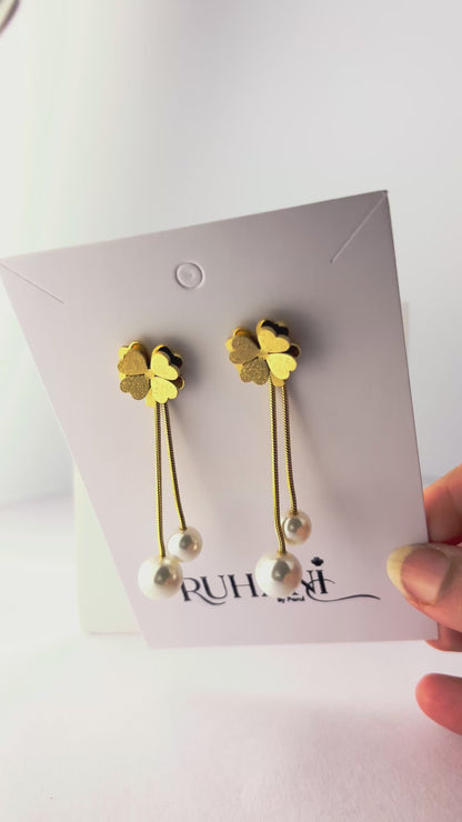 Golden Clover Pearl Drop Earrings